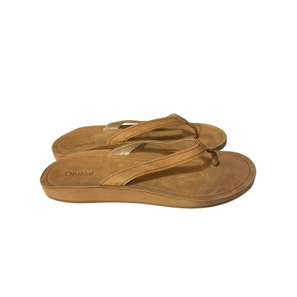 Olukai Leather Womens Sandals Size 9 Tan Flip Flops With Textured Outsole - Picture 3 of 6